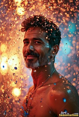 Smiling in falling water, a man without a shirt stands under warm orange and blue light