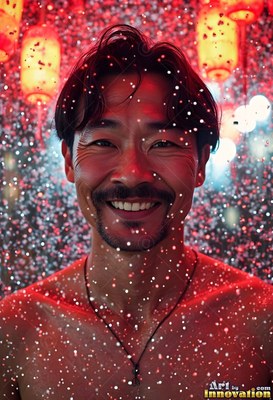Smiling bare-chested man under falling red light droplets