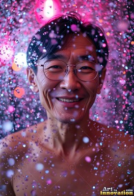 Round wire glasses on a man with a smile surrounded by falling pink droplets