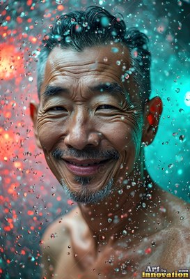 A smiling older man stands in falling water droplets lit by teal and red lights