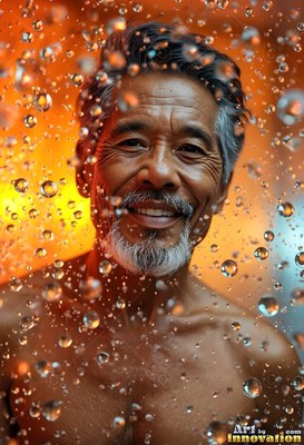 Facing forward in a shower, a smiling older man behind falling drops in orange light