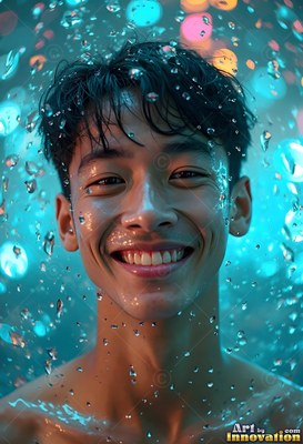 A smiling young man with wet hair stands in falling drops under blue lights