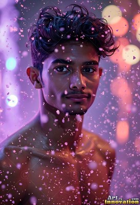 In violet light, a man without a shirt stands in falling pink drops