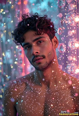 Looking forward, a shirtless man stands in pink and teal light with bright bubbles