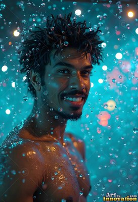 Bare-chested man smiling in falling water under blue light