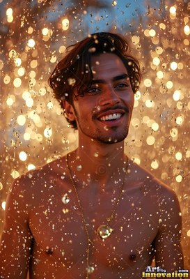 A bare-chested man smiling wearing a gold necklace stands in a rain of warm golden lights