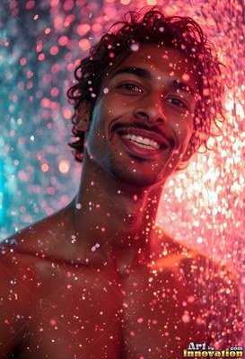 A man smiling stands under water coming down lit with warm pink and cool blue light