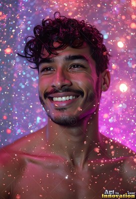 Turned slightly in purple light, a smiling shirtless man stands in falling water droplets
