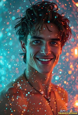 A smiling shirtless man with wet hair stands in blue and orange light speckles