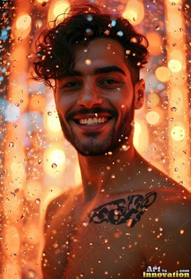 In warm orange light, a shirtless grinning man stands in descending water droplets