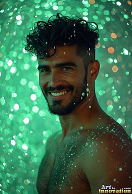 Smiling in a shower, a shirtless man turns his head under bright green bokeh lights