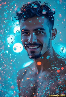 Smiling bare-chested man surrounded by water falling down drops in blue light