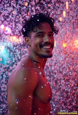 Messy dark hair frames a shirtless man with a smile standing in falling water drops lit by purple light