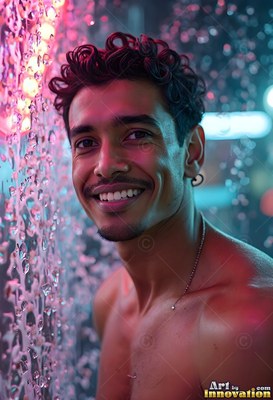 A man with a smile stands beside falling droplets of water lit up in bright pink and cyan light
