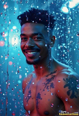 Turned slightly in a shower, a smiling man stands under blue light