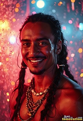 A grinning man with braided hair stands under rain in warm red light