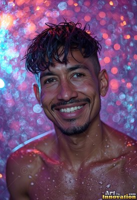 In a shower of pink and blue light, a wet shirtless man smiles happily