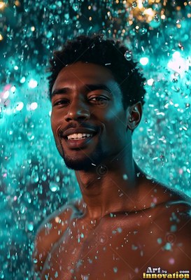 Smiling under descending falling drops of water, a shirtless man in bright teal light