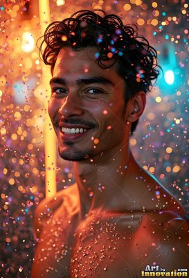 Smiling shirtless man showered in colorful droplets under warm lights