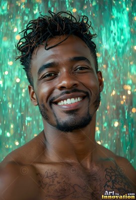 Short dreadlocks frame a smiling bare-chested man against sparkling turquoise light