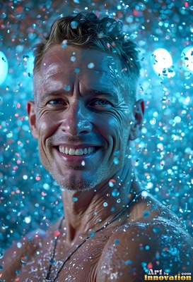 A grinning man stands under water falling down lit by bright blue lights