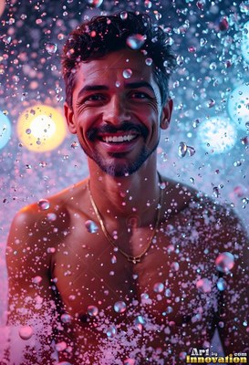 Facing forward, a smiling bare-chested man stands in falling water droplets