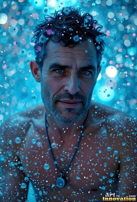 A shirtless man smiles as droplets of water fall all around him in bright blue light