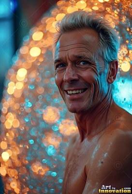 Before warm yellow bokeh lights, a smiling older man turns toward the view