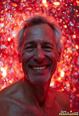 Smiling broadly, an older bare-chested man stands against a backdrop of red lights