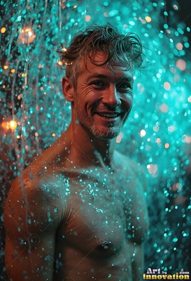 Bare-chested man smiling stands in turquoise water drops