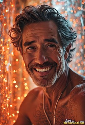 Graying wavy hair frames a smiling shirtless man beside bright orange hanging lights