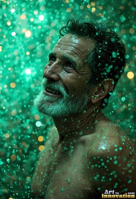A bearded man peers upward with a smile under falling droplets of water in deep green light