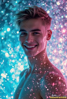 Turned toward the camera, a smiling man stands in blue and pink water droplets
