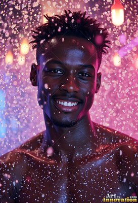 A smiling Black man stands shirtless under sparkling water droplets in pink light