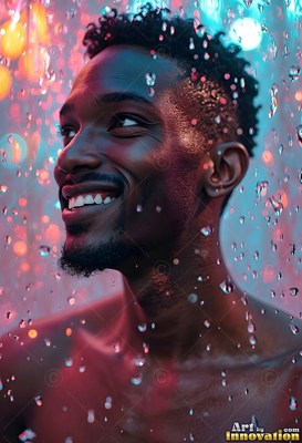 Under falling water, a smiling shirtless man looks up in teal and pink light