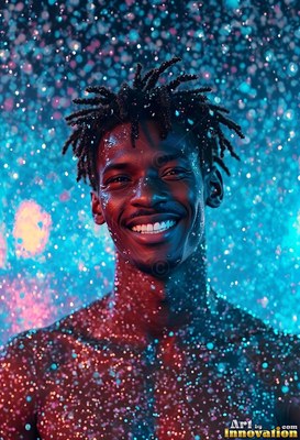 Smiling under falling water, a shirtless man is lit by blue and pink light