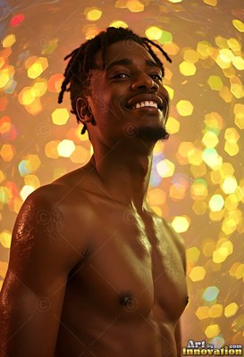 A smiling bare-chested man stands in warm yellow light dots