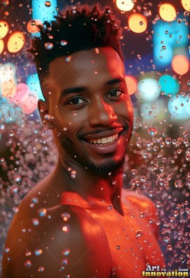 Smiling with short dark hair, a shirtless Black man stands in water falling down before blurred city lights