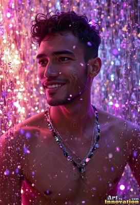 A happy man stands shirtless under falling drops lit in pink and purple