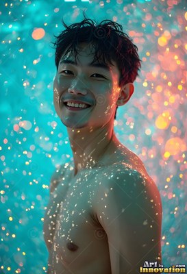 Facing forward, a smiling bare-chested man stands in bright blue and warm light specks