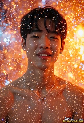 A smiling shirtless man in a necklace faces forward under orange sparkling water droplets