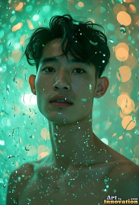 In green light, a shirtless young man stares forward surrounded by water droplets