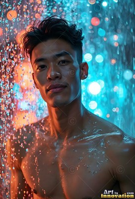 Standing bare-chested in cascading water, a man looking ahead under blue and orange lights