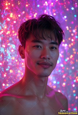 Shirtless man smiles in front of pink and purple lights