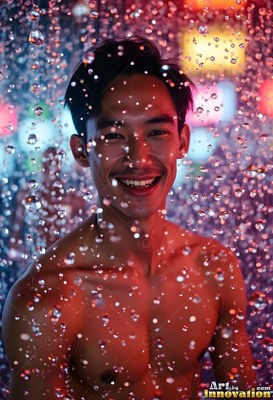 Smiling with wet dark hair, a bare-chested man standing under falling water in warm red light