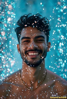 A man with a smile stands bare-chested in falling water droplets against deep cyan light