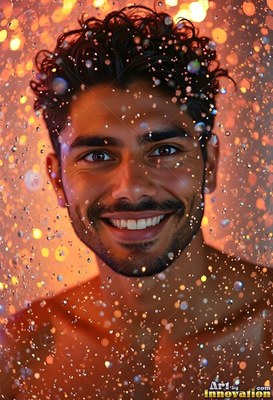 Smiling head-on, a shirtless man stands in falling orange water drops