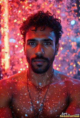 A shirtless man peers ahead in cascading water lit by warm red and blue light