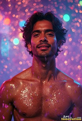 In a purple shower of blurred lights, a shirtless wet man peers forward