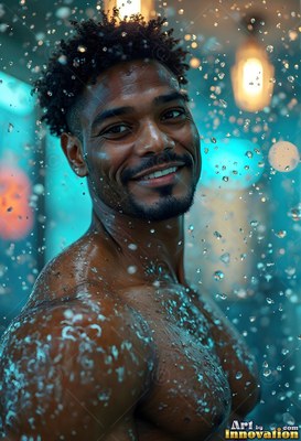Smiling under cascading water droplets, a shirtless man turns toward blue light
